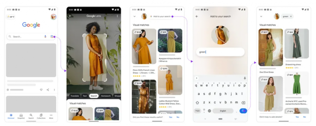 Phone screen shows the ability to search for a green version of an orange dress using both text and images