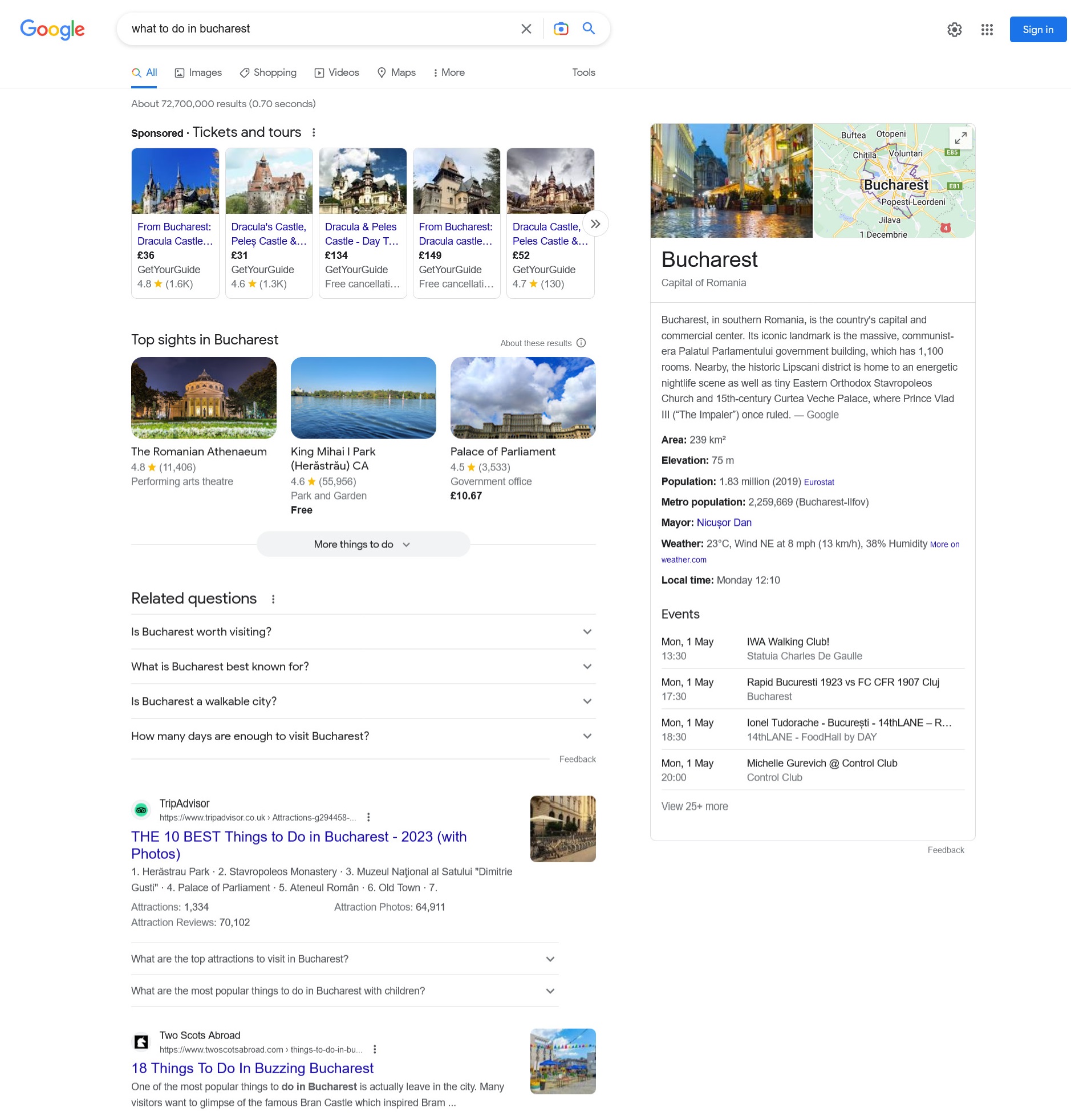 Google search with "what to do in Bucharest" showing how irrelevant the results are for a Gen Z user
