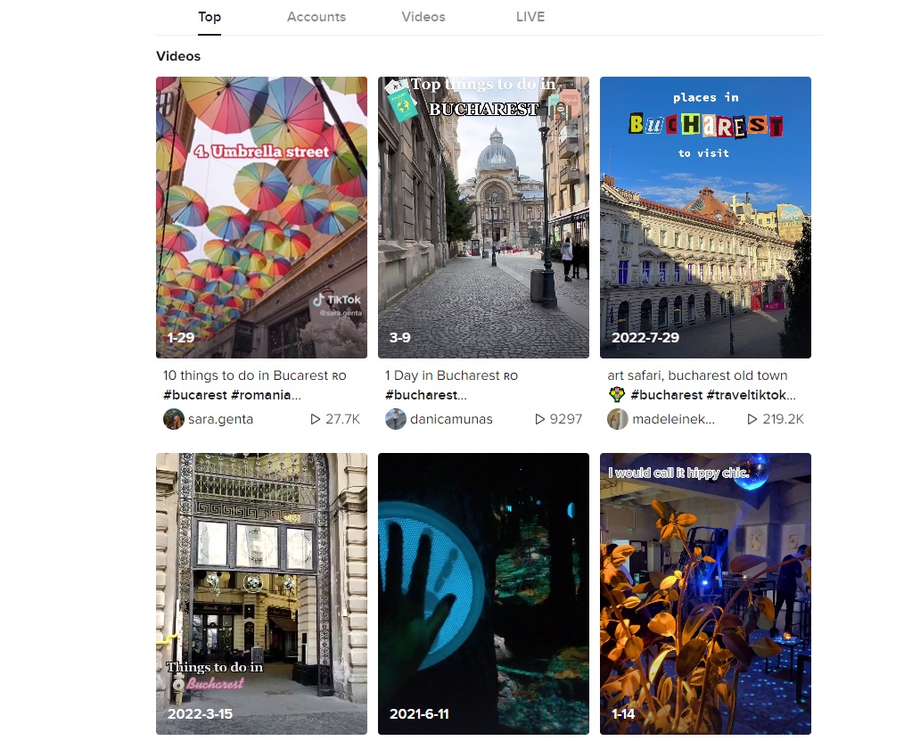TikTok results for searching "what to do in Bucharest" 
