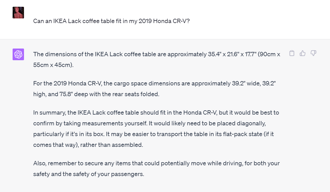 ChatGPT's accurate answer for a complex question "Can an IKEA Lack coffee table fit in my 2029 Honda CR-V?"