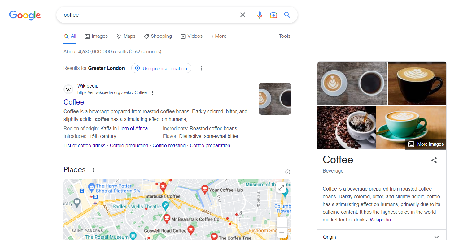 Google results for the keyword 'cofee'
