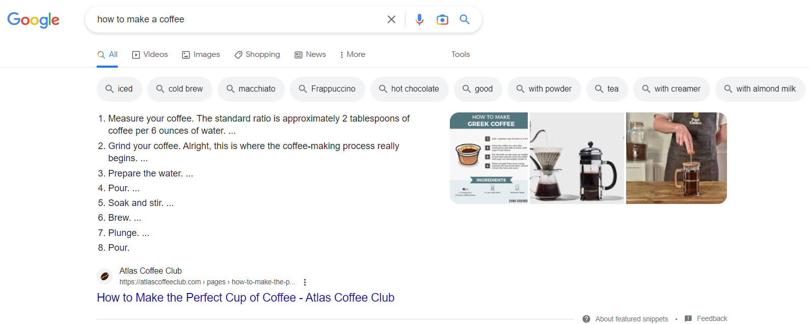 Google results for the keyphrase 'how to make a coffee'