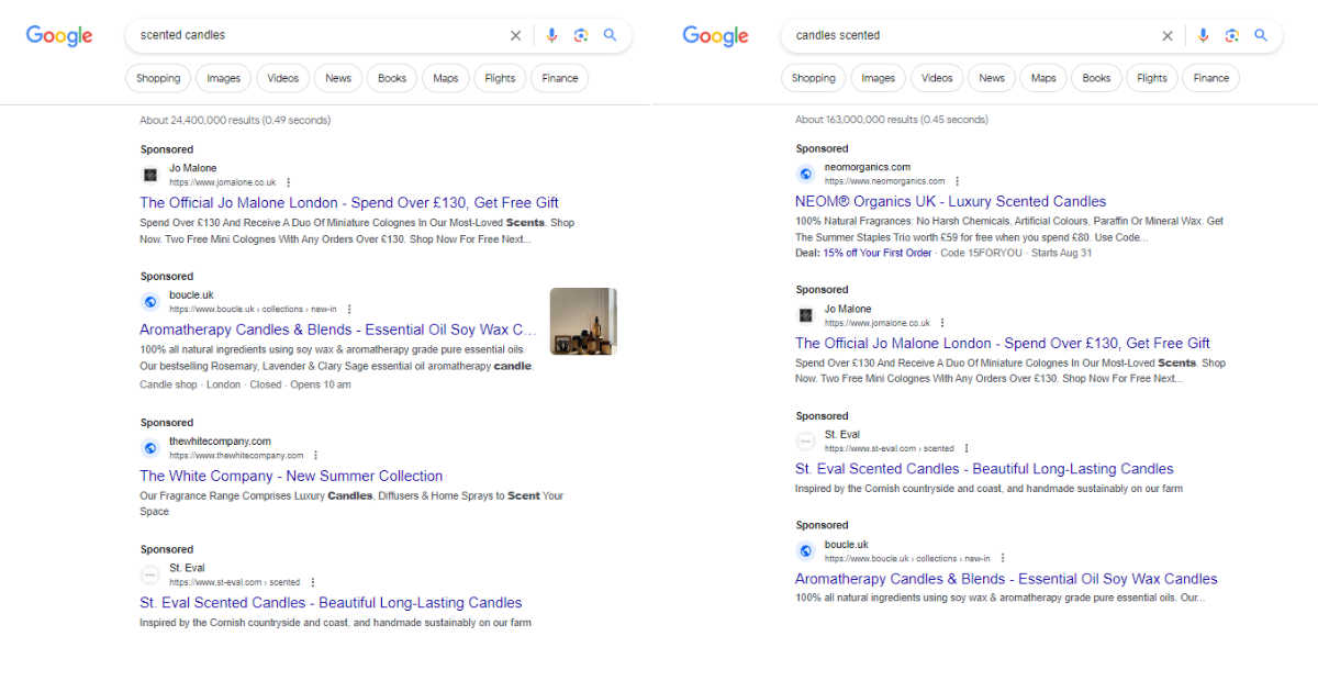 google results comparison for two similar keywords 'scented candles' and 'candles scented' 