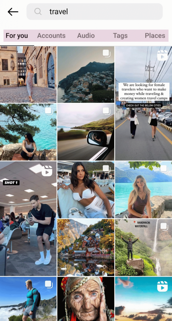 results categories of instagram when you search 'travel'