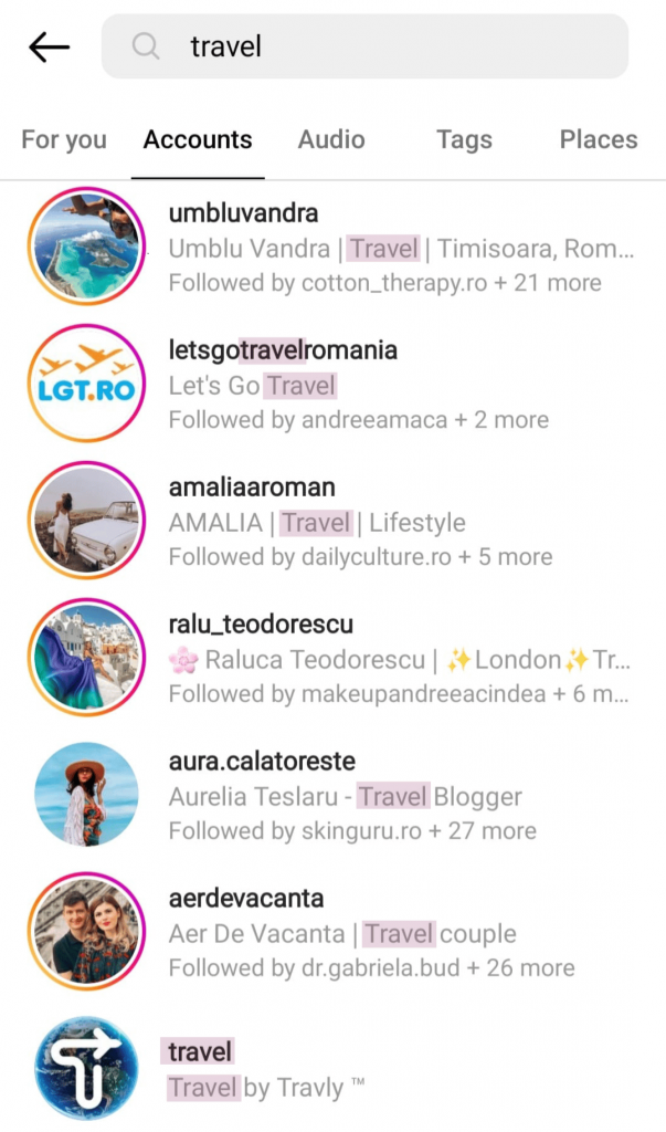 results page from instagram when you search 'travel' in 'accounts' tab