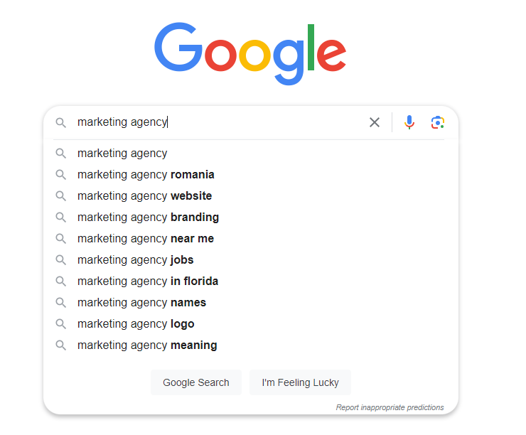 example of google suggestions when searching for 'marketing agency'