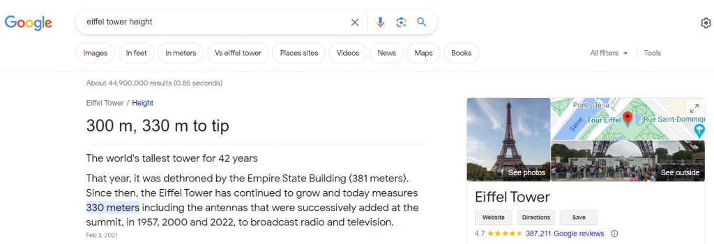 google results to search query "eiffel tower height".