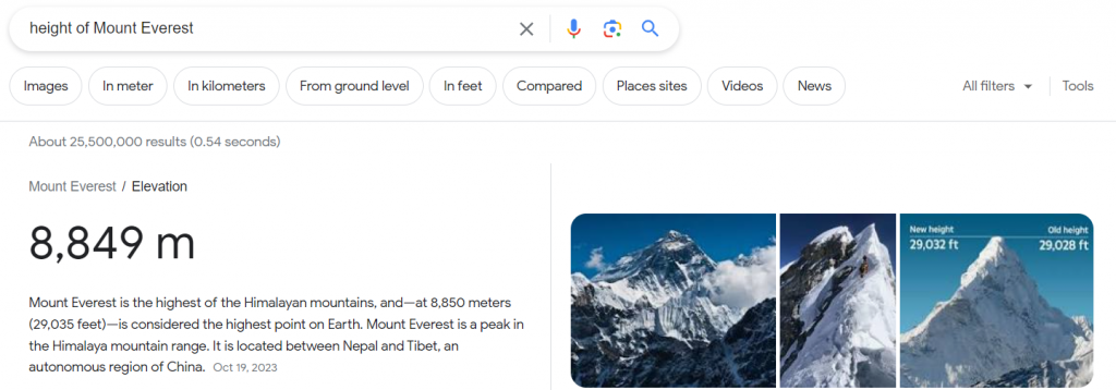 Google search results for ‘height of Mount Everest’