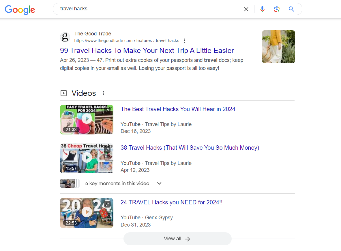 display of youtube videos in regular Google search results 