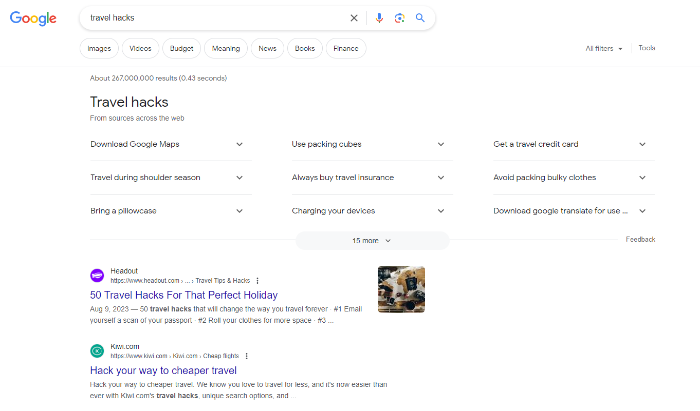Google search results for 'travel hacks'