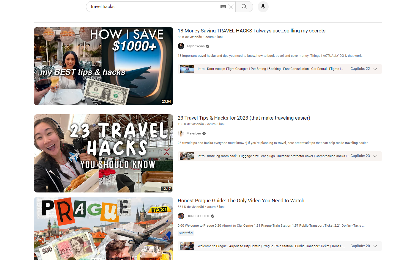 youtube search results for 'travel hacks'
